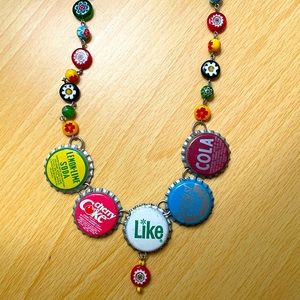 Handmade Craft Fair Bottle Cap and Clay Bead Necklace